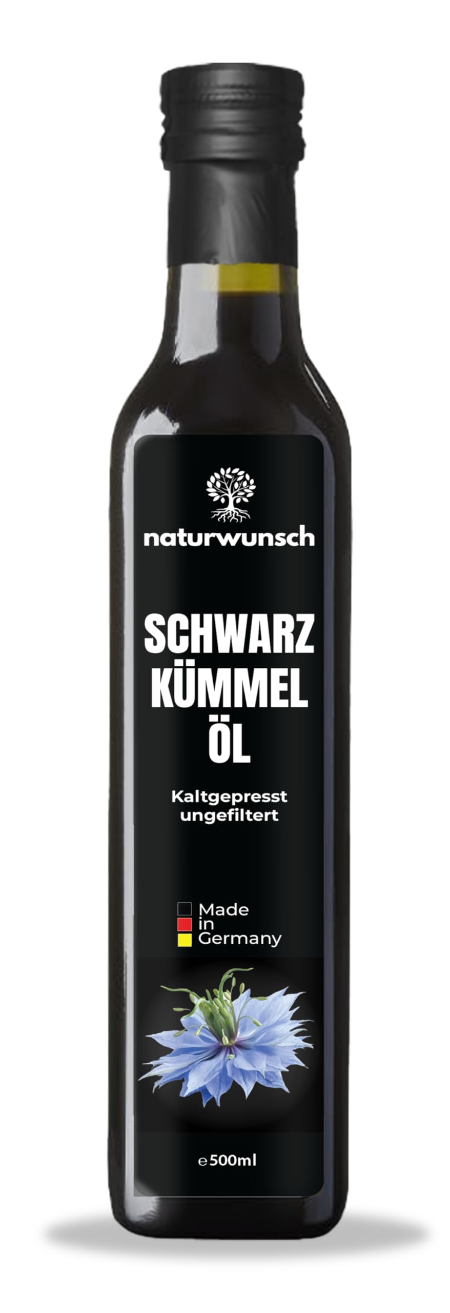 naturwunsch Schwarzkümmelöl 0.5 Liter, Ungefiltert, Kaltgepresst, Hoher Thymochinon Gehalt, Frisch in Deutschland hergestellt – Original Nigella Sativa