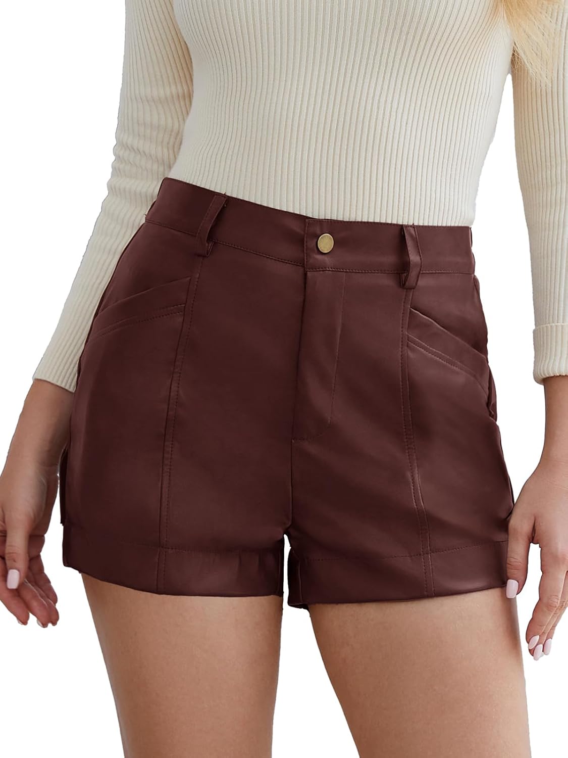Rasutina Women Stretchy Leather Shorts High Waisted Dressy Shorts for Women Casual Faux Leather Shorts