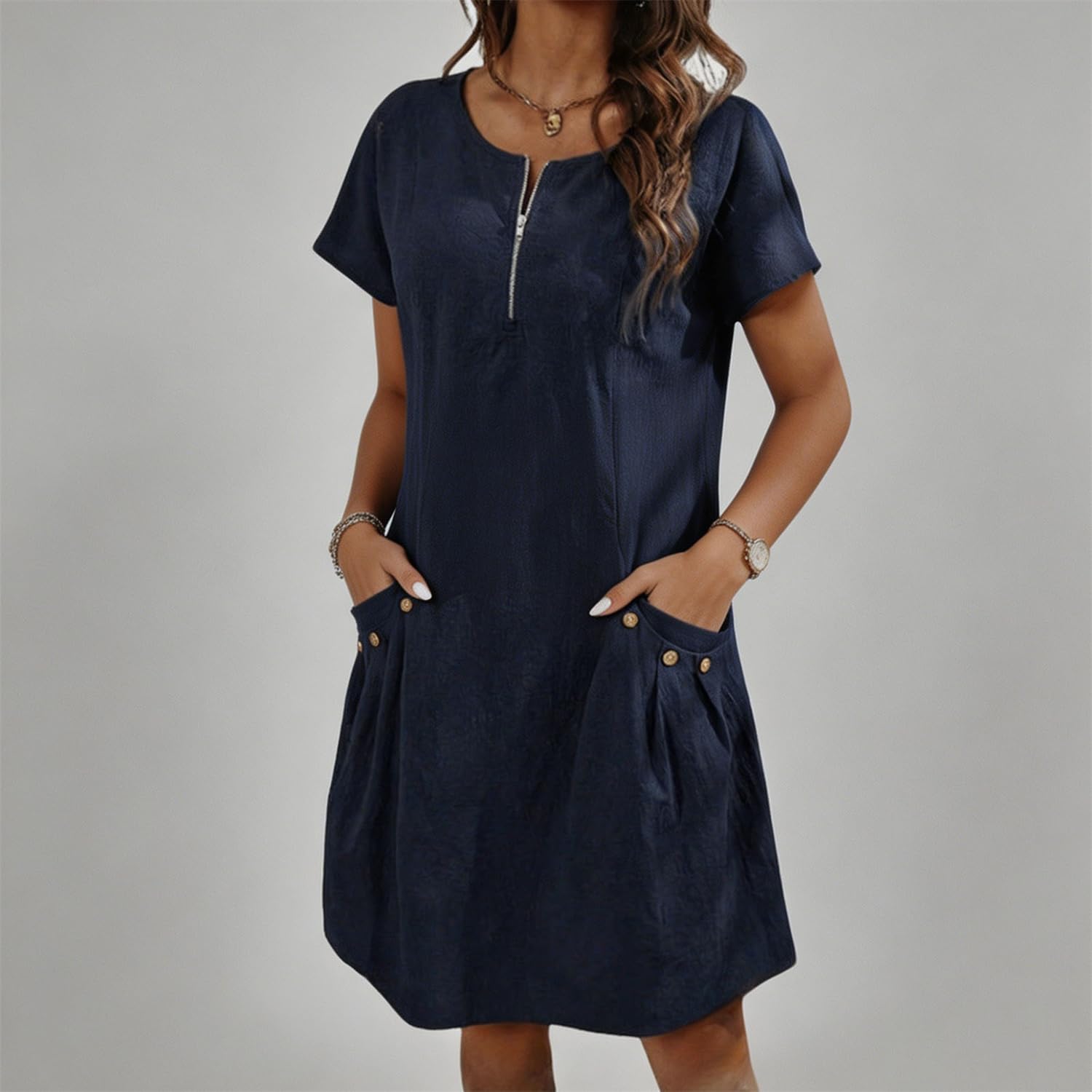 Vestido de algodón y Lino para Mujer con Bolsillos con Cremallera, diseño Casual de línea A en Color Liso y Cuello Redondo, Manga Corta con Bolsillo, Vestido de Verano Casual