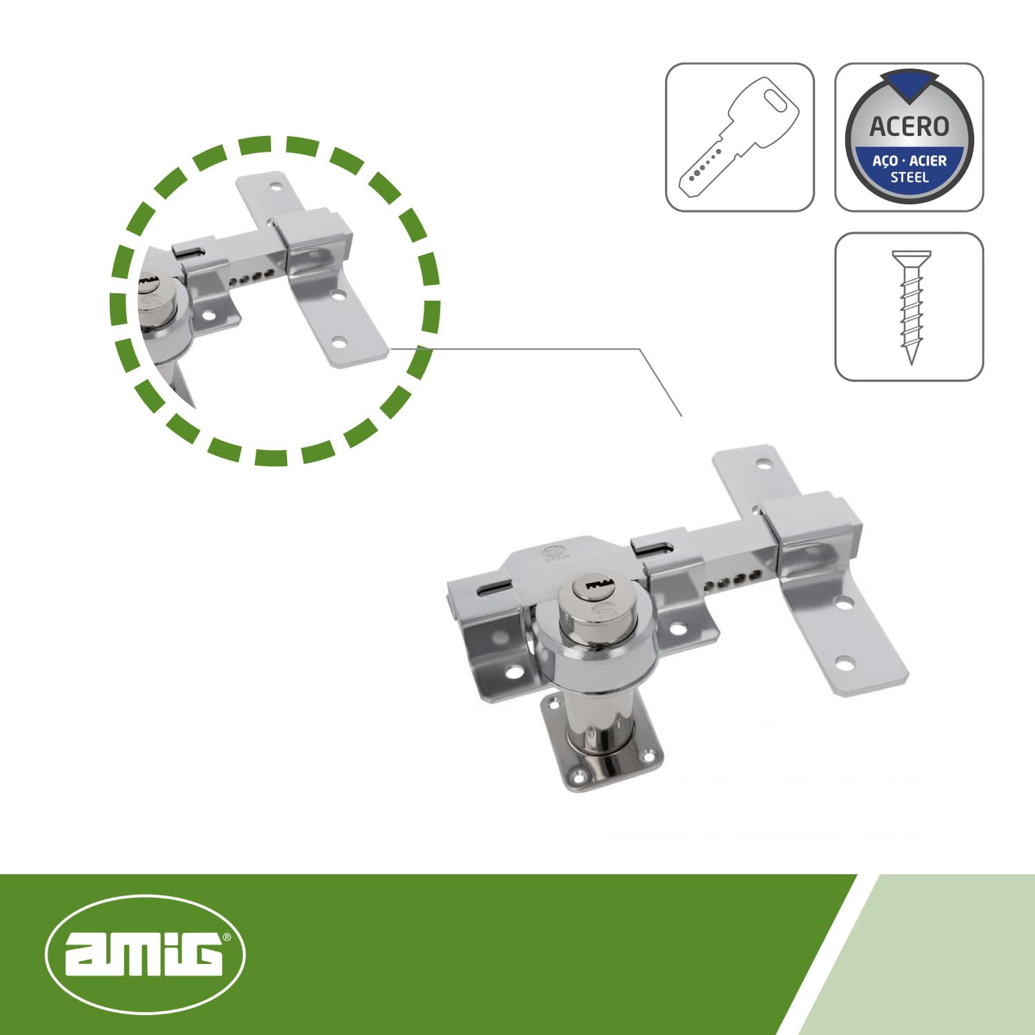 Amig - Cerrojo de Sobreponer para Puertas - Con Cilindro Redondo de Seguridad - 88 x 153 mm, Cilindro Interior 34 mm y Exterior: 70 mm - Incluye 5 Llaves de Punto - Acero Cromado Brillo