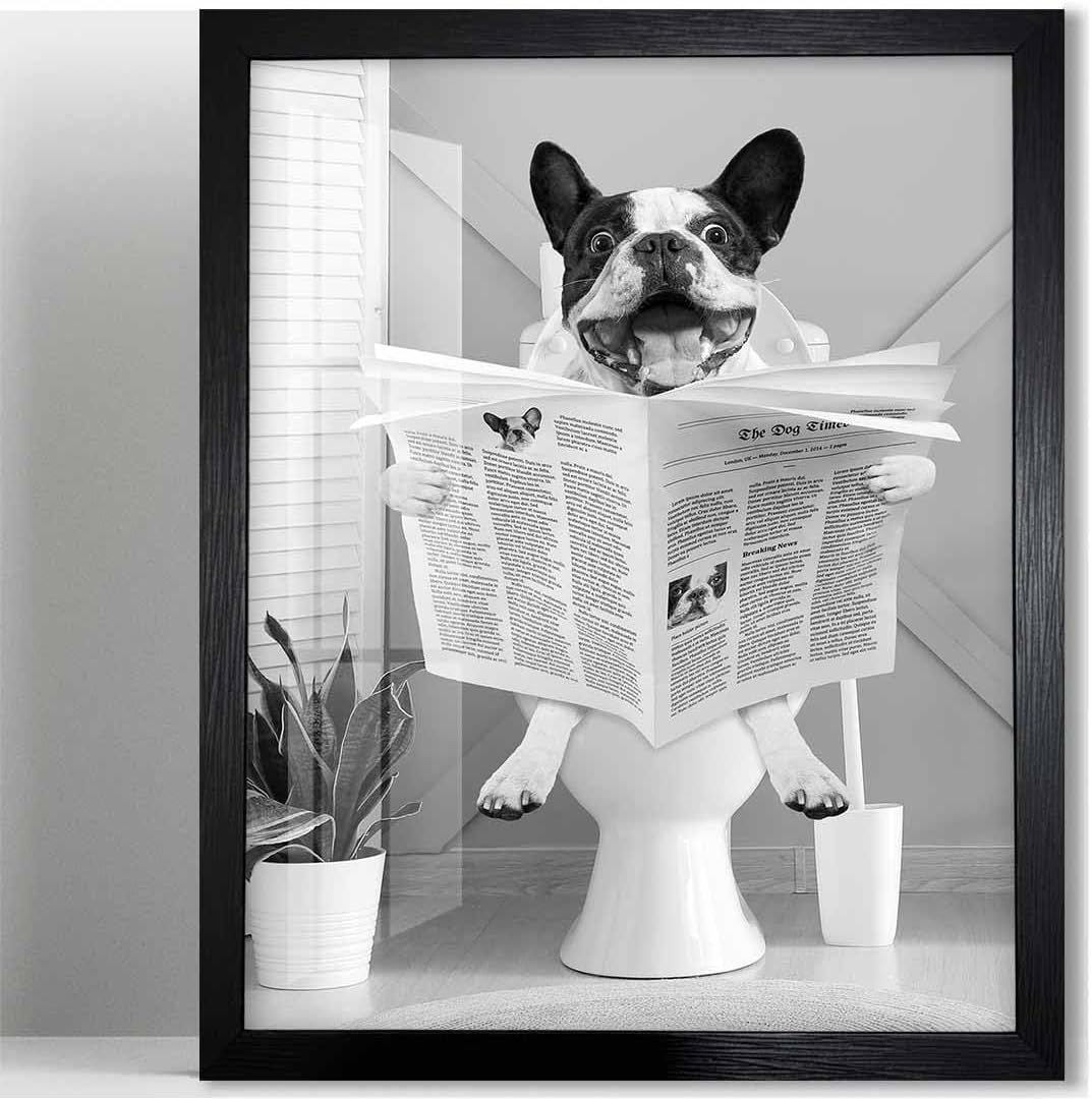 Biufo Framed Wall Art Dog on Toilet Wall Decor Canvas Print Poster Black White Picture for Bathroom Bedroom (8"x10")
