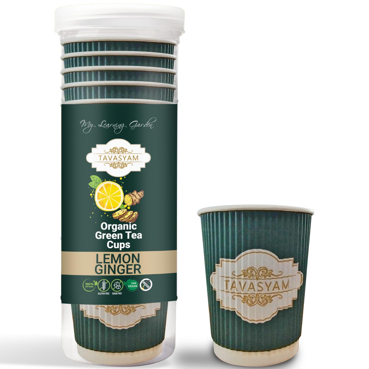 TAVASYAM Ready to Sip Green Tea for Weight Loss | Vegan, Gluten Free & Sugar Free | Ginger Flavour | Pre-Filled Tea Cups 200ml (Lemon-Ginger)