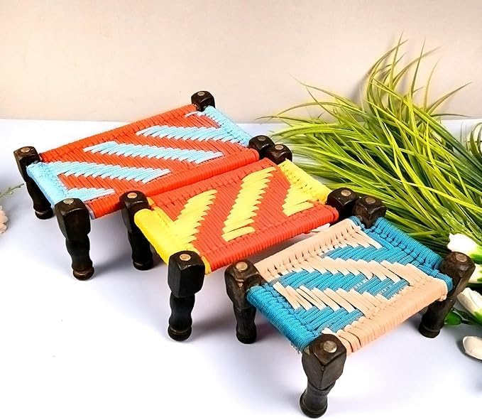 Khaat Charpai Bed Samll | Wood & Jute Miniature Chaarpai Cot - for Ladoo Gopal Ji, Home Decor, for Keeping God Showpiece | Kids Toys Gift (Pack of 3)