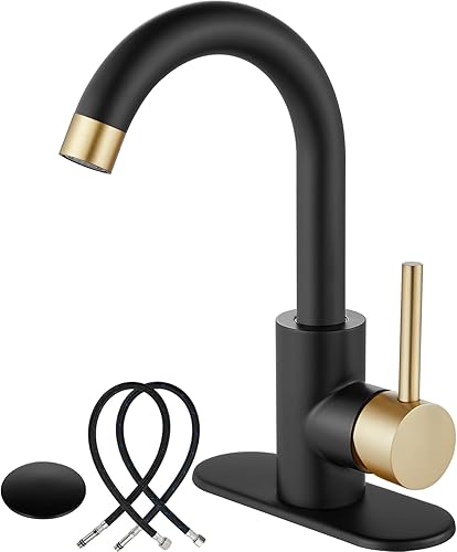 Midanya Grifo de lavabo de baño de una sola manija, grifo de tocador pequeño con boquilla de rotación de 360 con placa de cubierta, mangueras de