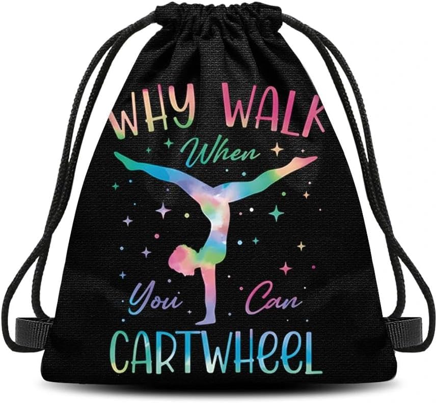 Sparkly Gymnastics Drawstring Bag Backpack Why Walk When You Can Cartwheel Tumbling Gymnastics Lover Sports Bags for Gym School Gym String Bag Daypack for Gymnast Birthday Christmas Gift