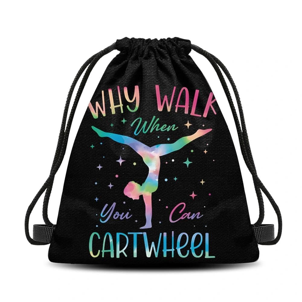 Sparkly Gymnastics Drawstring Bag Backpack Why Walk When You Can Cartwheel Tumbling Gymnastics Lover Sports Bags for Gym School Gym String Bag Daypack for Gymnast Birthday Christmas Gift