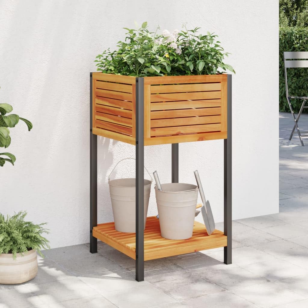 vidaXL Jardinera con Estante Madera Maciza Acacia y Acero 45x45x80 cm, Jardinera de Exterior, Jardinera para Flores, macetero para Tomates