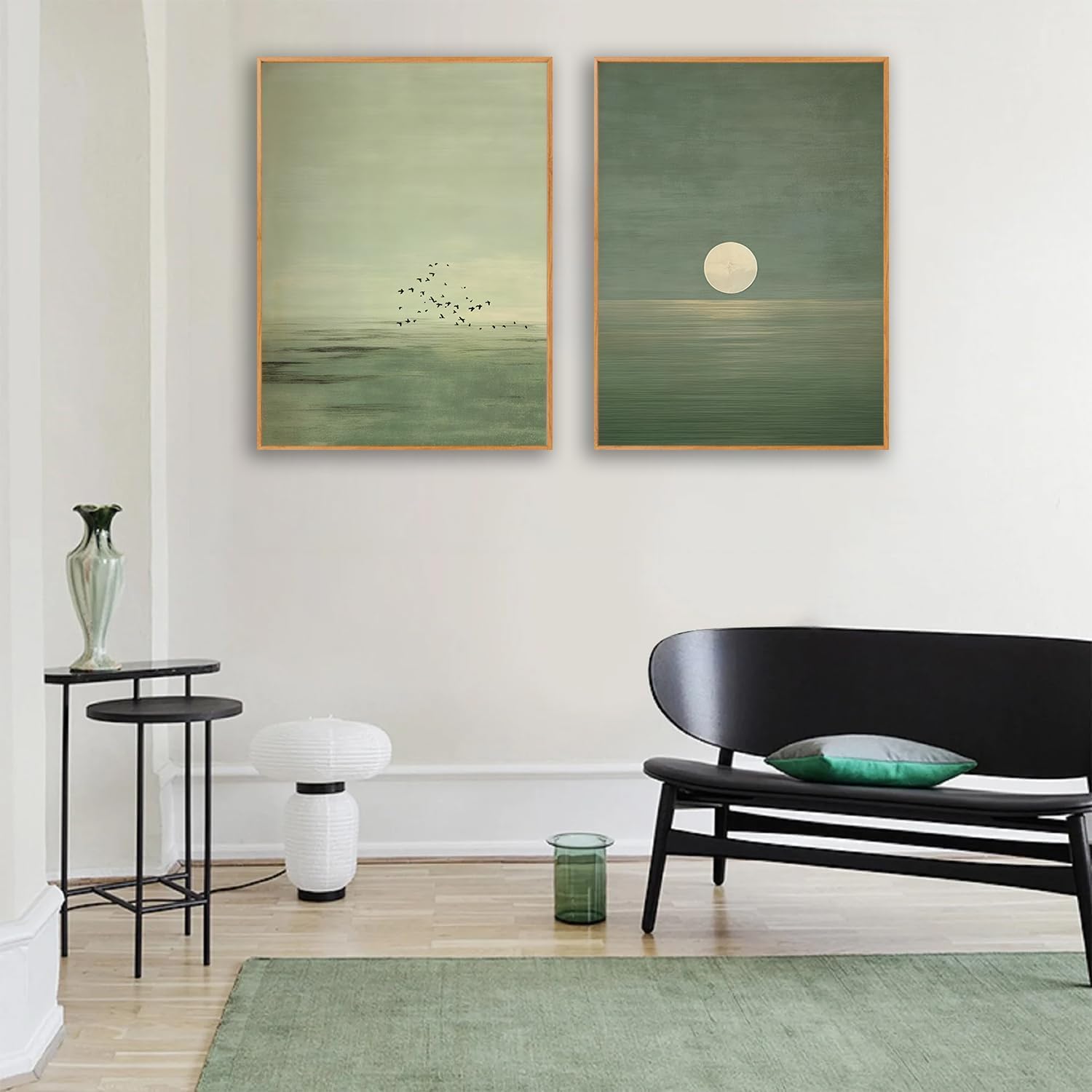 Japanese Sage Green Wall Art Minimalistyczny plakat z motywem księżyca i ptaka, do salonu, sypialni, biura (80 x 120 x 2/wewnętrzna rama)