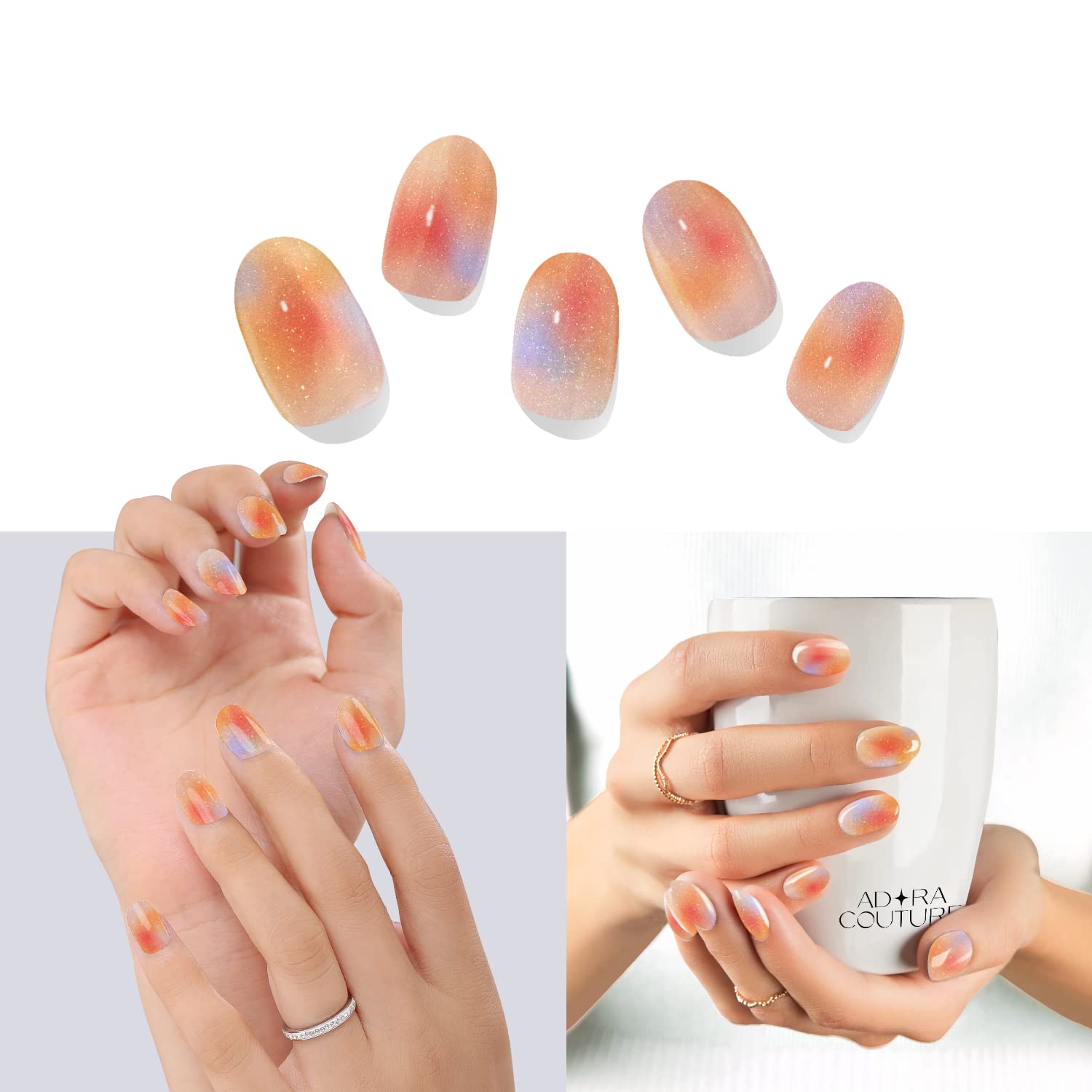 Adora Couture Semi Cured Gel Nail Strips with 20-Pieces, Salon Quality Wraps for Women, Orange Glitter Ombre, UV Gel Stickers (Glitter Haze)