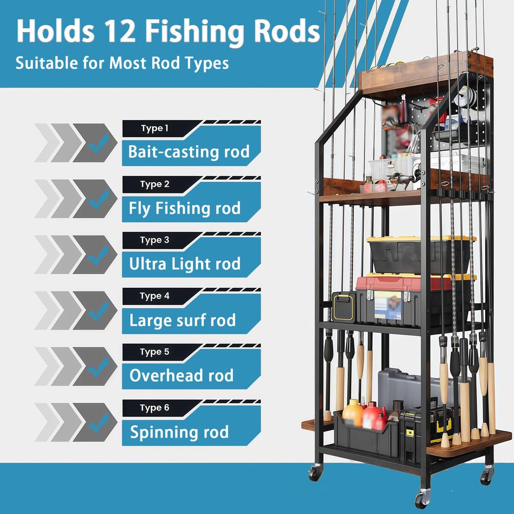 Supporto per canna da pesca per garage, scaffale a 3 livelli per 12 canne, organizer per rollare con ganci e pannello forato, scaffale per attrezzatura per pescatori