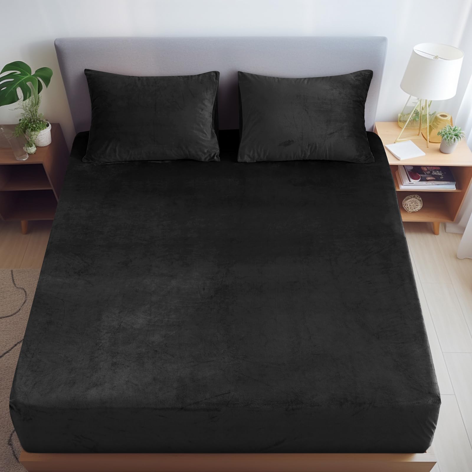 David's Home Truly Velvet Fitted Sheet Queen Size, Ultra Soft Bottom Sheet 16" Deep Pocket, All-Round 2.5cm Wider Strong Elastic, Plush Cozy Comfy Warm for All Season, 60x80+16", Black,NO Pillowcase