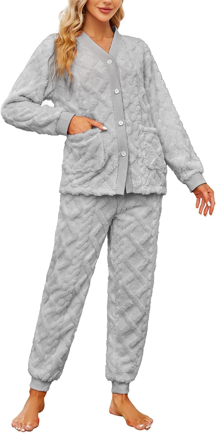 HEARTNICE Women Fuzzy Pajama Set Warm Fluffy Long Sleeve Sleepwear Plush Loungewear Thermal Nightwear with Pockets