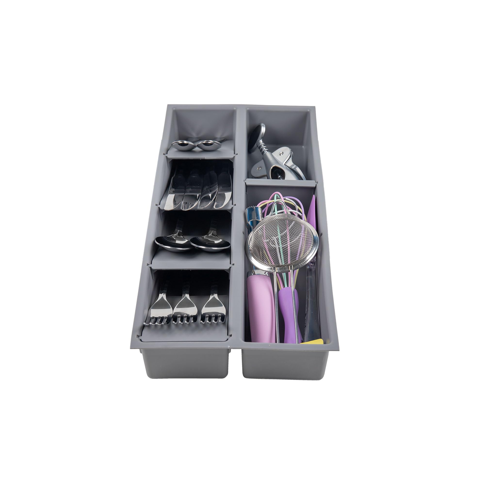 Portaposate 7 Scomparti | Organizer Per Cassetto 20x45x6,5 Cm | Grigio In Polipropilene
