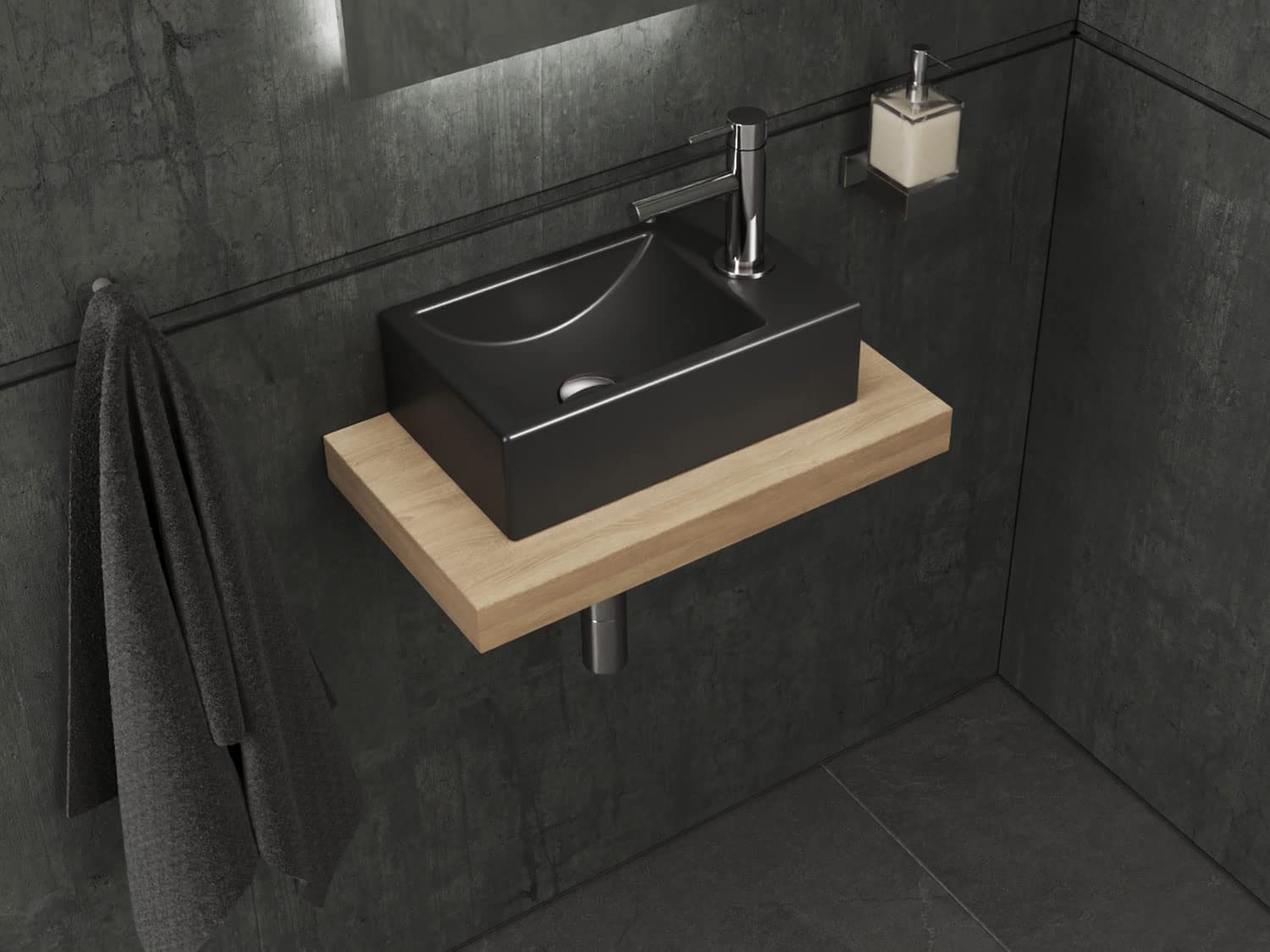 Aqua Bagno | Eckiges Waschbecken schwarz matt, Loft Air Handwaschbecken Keramik, Hanhnloch rechts | 37 cm breit
