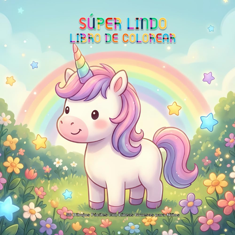 Libro de Colorear Súper Lindo: 50 Dibujos Fáciles y Divertidos con Líneas Gruesas para Niños y Principiantes | Unicornios, Animales, Comida y Cosas Kawaii | Perfecto para Manos Pequeñas