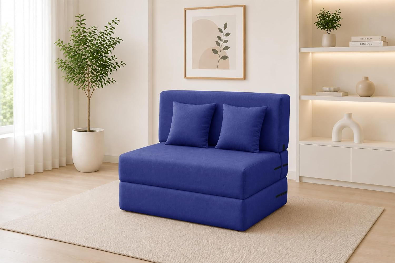 Los Angeles Foldable One Seater Sofa Cum Bed, Sofa Bed 3 X 6 Feet Jute Fabric Washable Cover- Including Two Cushion Perfect for Living Room & Office - Blue Color
