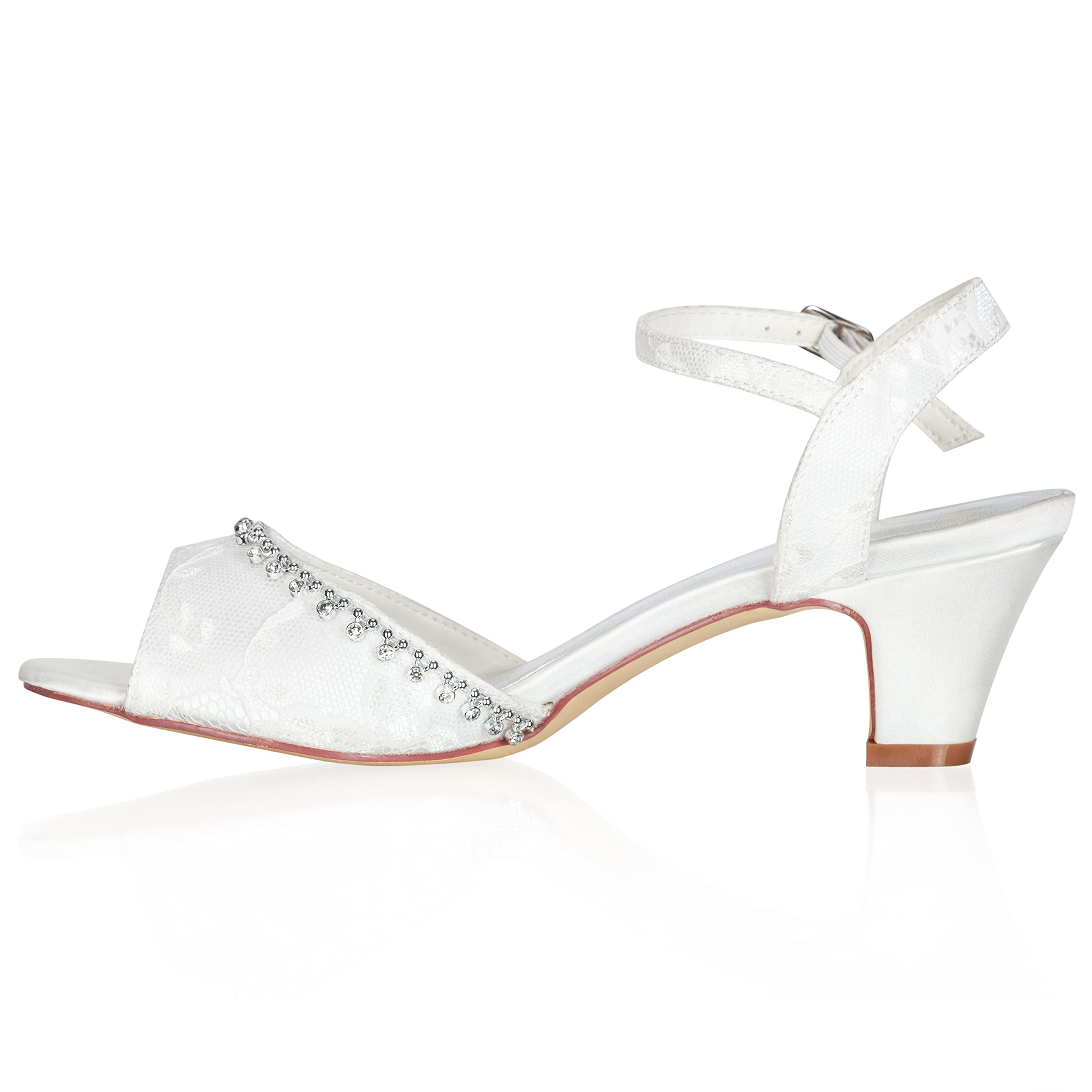 JIAJIA 8964 Zapatos de Novia para Mujer Peep Toe Bloque de 5 cm Tacón bajo Encaje Satén Bombas Sandalias Zapatos de Boda