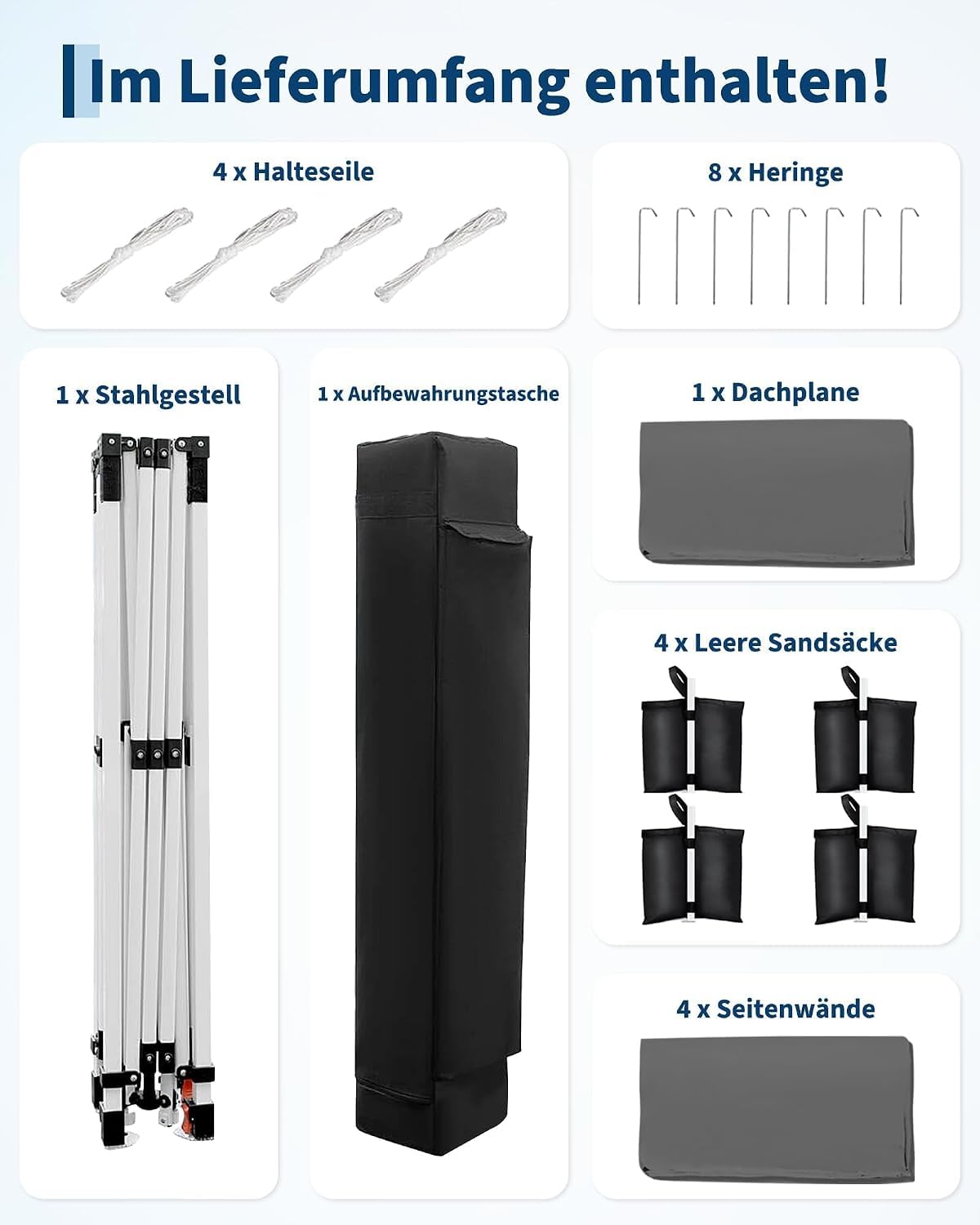 Faltbarer Pavillon, 3 x 3 m, wasserdicht, für den Garten, 4 Seitenwände mit Fenstern, UV-Schutz 50+, höhenverstellbar, robuste Stahlkonstruktion, inklusive Heringe, Seile, Sandsäcke und Tasche