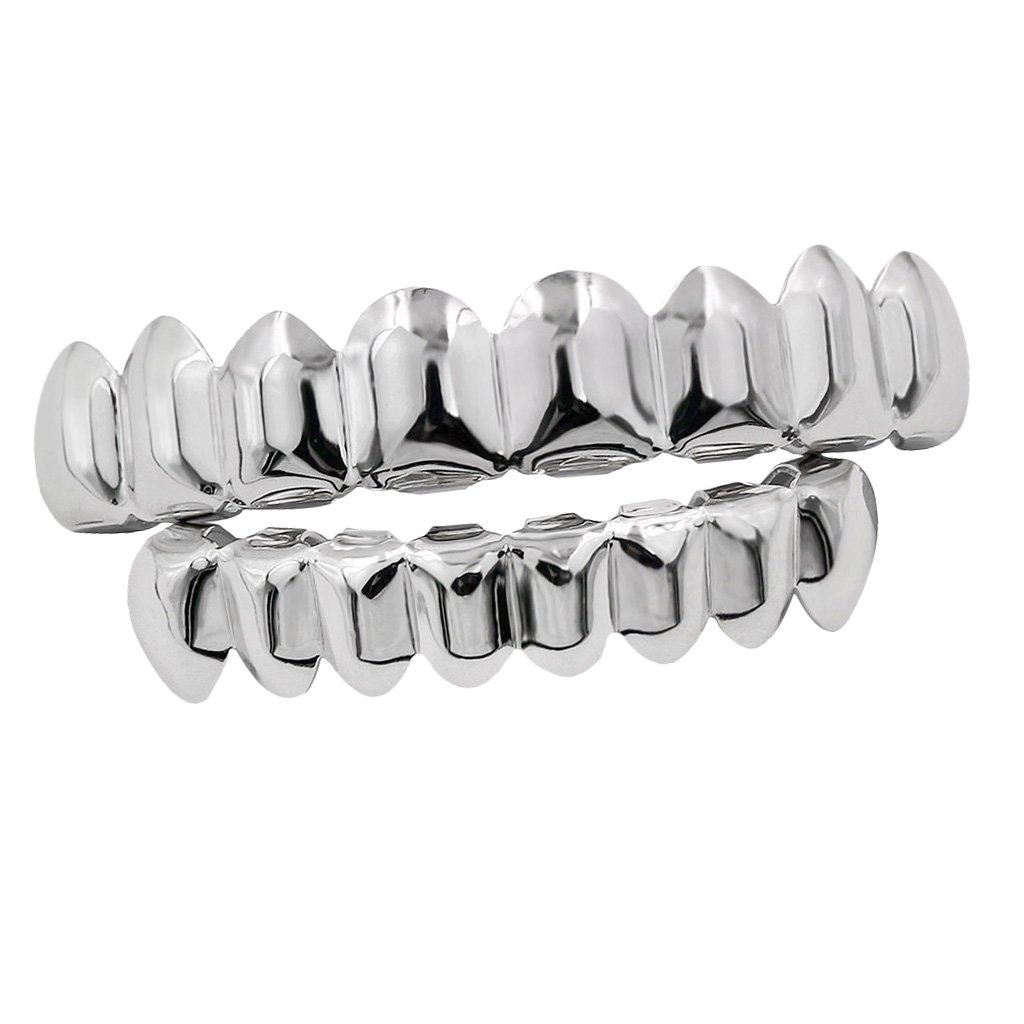 Almencla Joker Grill 8 Teeth Top Bottom Fake Mouth Grills for Halloween Costume - Silver