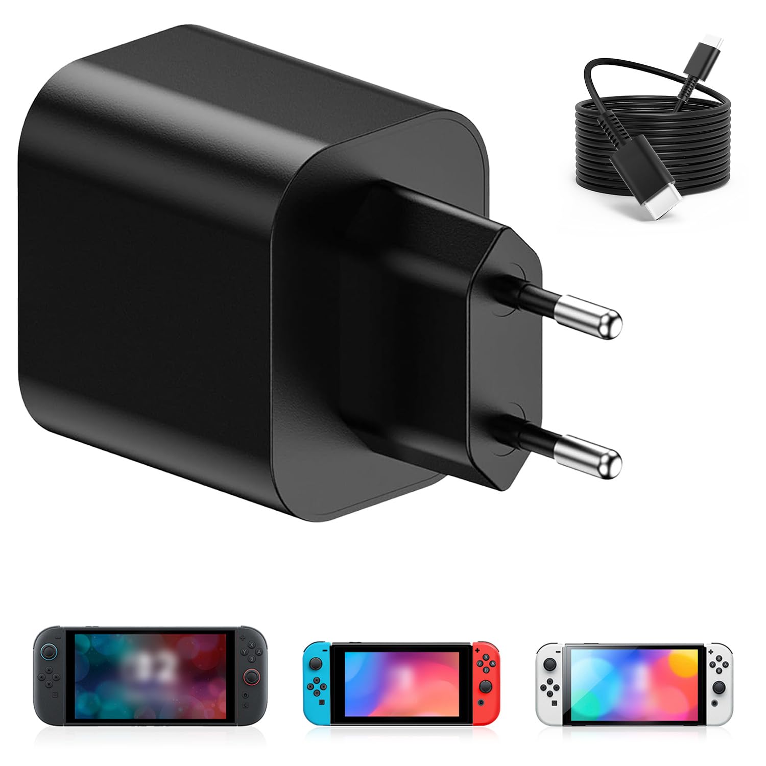 Cargador para Switch 2, Adaptador de Corriente para Switch 2 Dock y Controlador Pro/Switch Lite, Adaptador de 60W Carga Rápida Compatible con Modo TV/Switch/Switch OLED