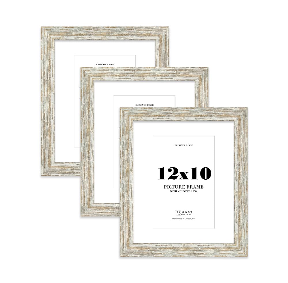 12x10" Distressed White Oak Picture Frame with 9x6" Mount - Reclaimed Wood Style Photo Frame with Distressed Finish, Wall Hooks and Kickstand, 32mm Edge - 3 Pack