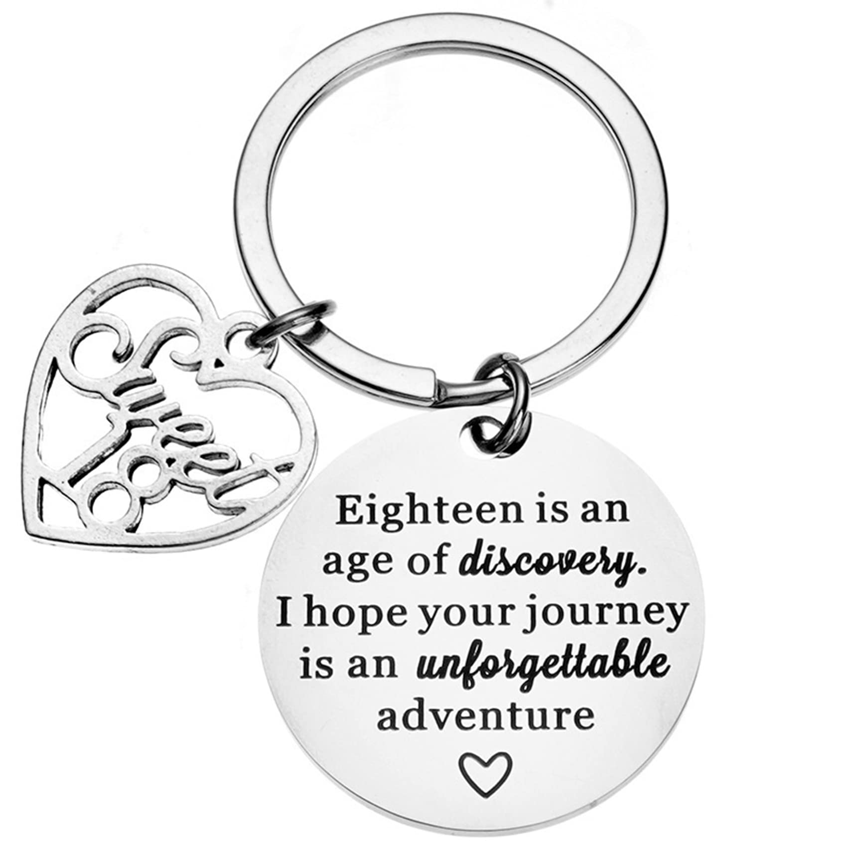 MaoMaoCha 18th Happy Birthday Gifts Keychain, 18 Year Old Bar Mitzvah Gift for Her/Him, Inspirational Gifts for 18 Teen Girls Boys, Made of Stainless Steel, Silver, S