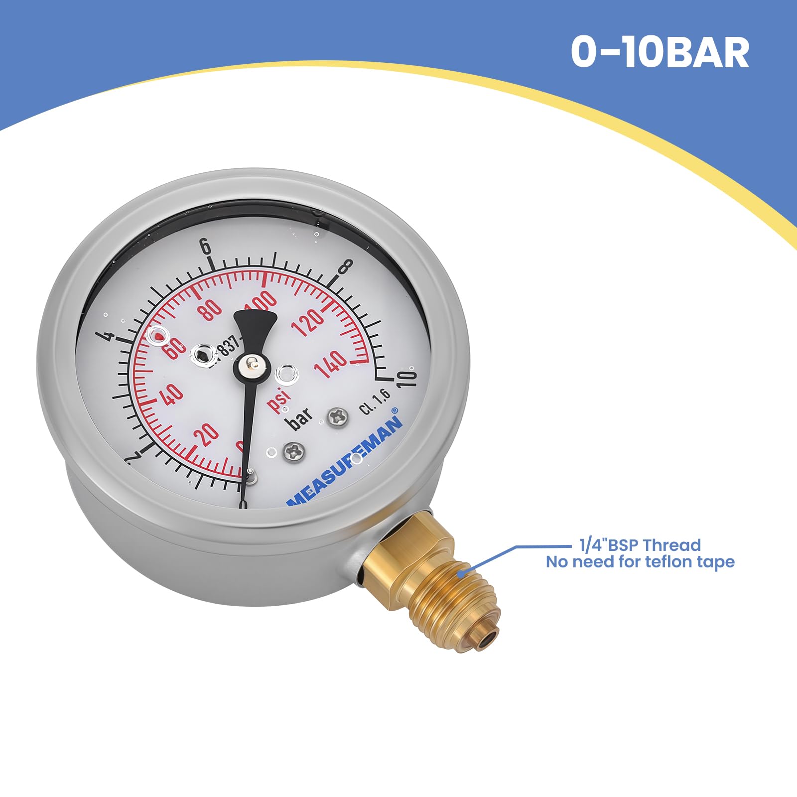 Manomètre, Manomètre Glycérine 2,5 pouces, 0-10 bar, boîtier en acier inoxydable 304, raccord inférieur 1/4" BSP