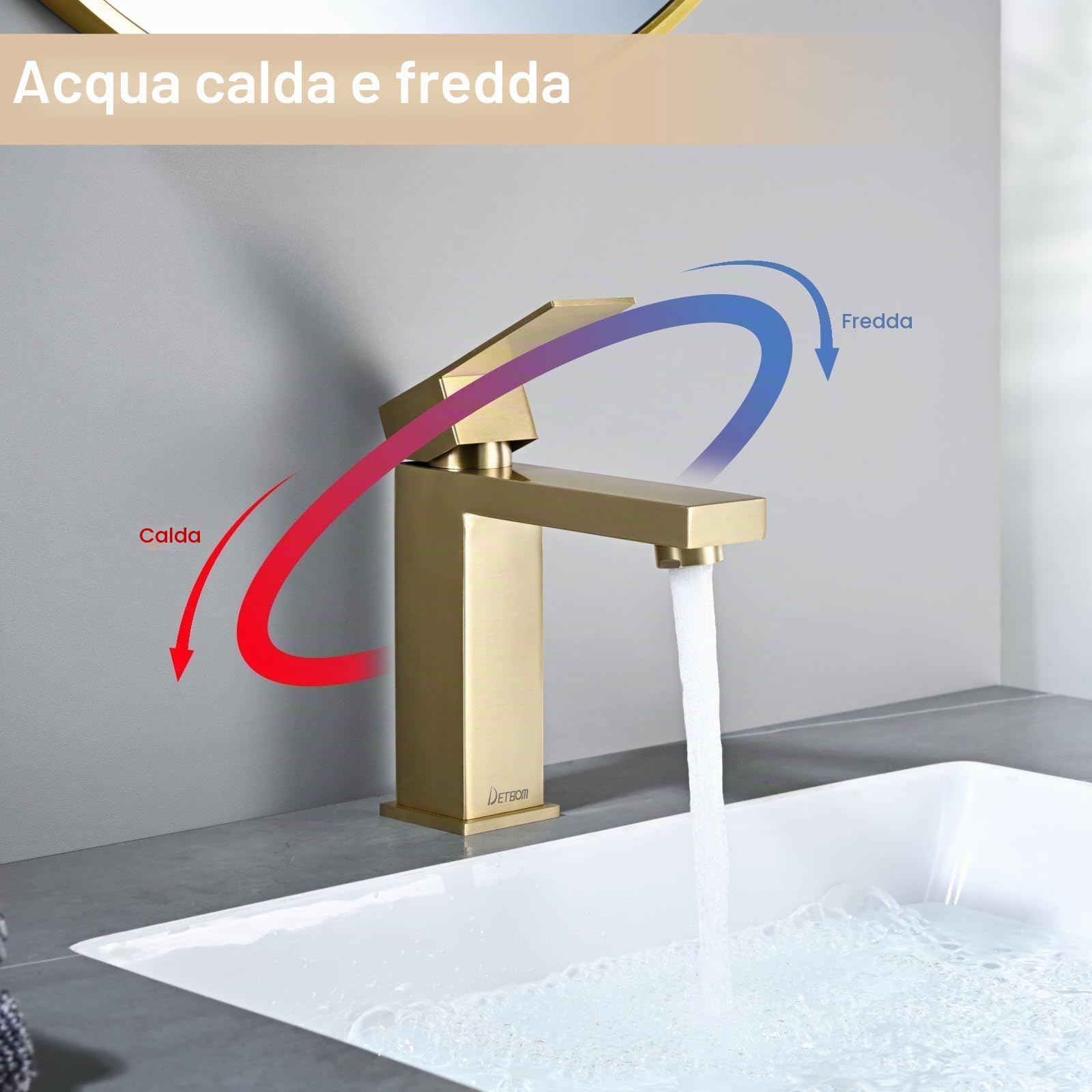 Rubinetto Bagno Lavabo Oro Acciaio Inox, DETBOM Miscelatore Monocomando Fredda e Calda Regolabile con Aeratore Rimovibile, Altezza Bocca 119 mm