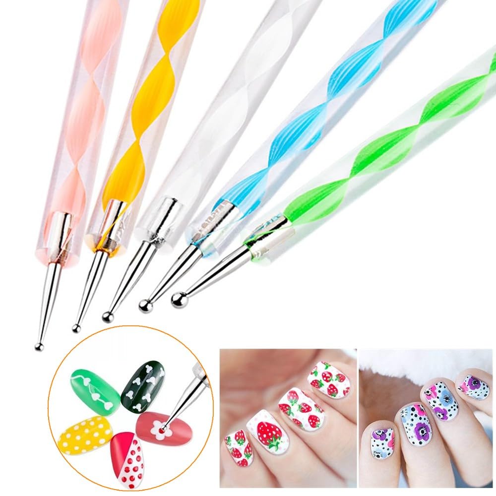 FULINJOY Lot de 21 pinceaux pour nail art, 1 palette de nail art en résine, 5 stylos pointillés pour nail art, 15 pinceaux de nail art, palette de mélange de vernis à ongles, stylo double face