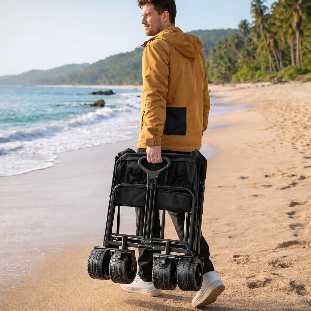Carro de Mano Plegable con Ruedas Grandes Todoterreno | Carrito Multiusos Ideal Playa, Compra, Jardín o Camping | Carga hasta 150kg | Asa Ajustable | Auxiliar | Transporte de Herramientas o Juguetes — view 6