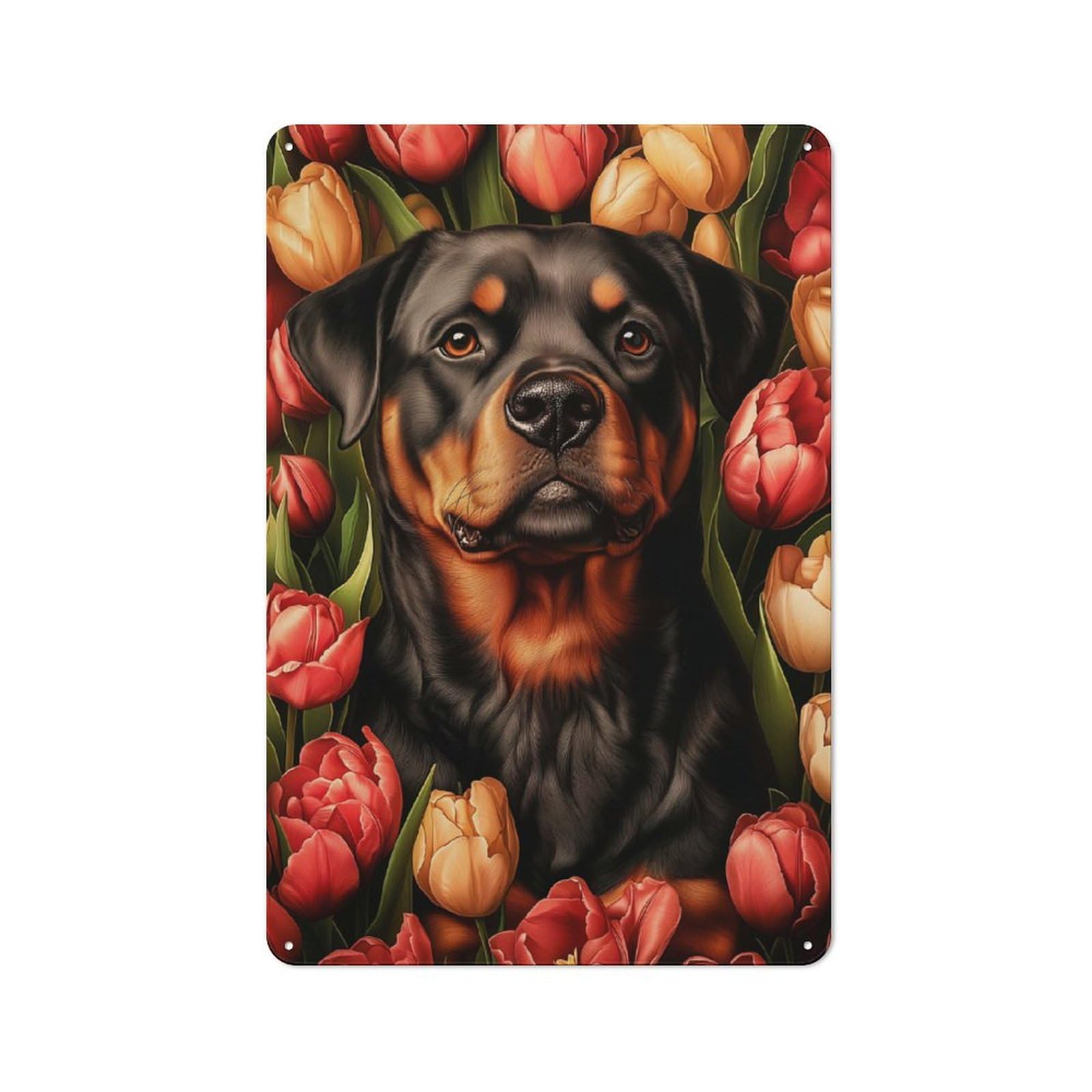 Junmoney Rottweiler With Tulips Retro Tin Sign 30X20cm For Guest Room Or Hallway, For Kitchen, Dining Room And Home Bar Wall Decor