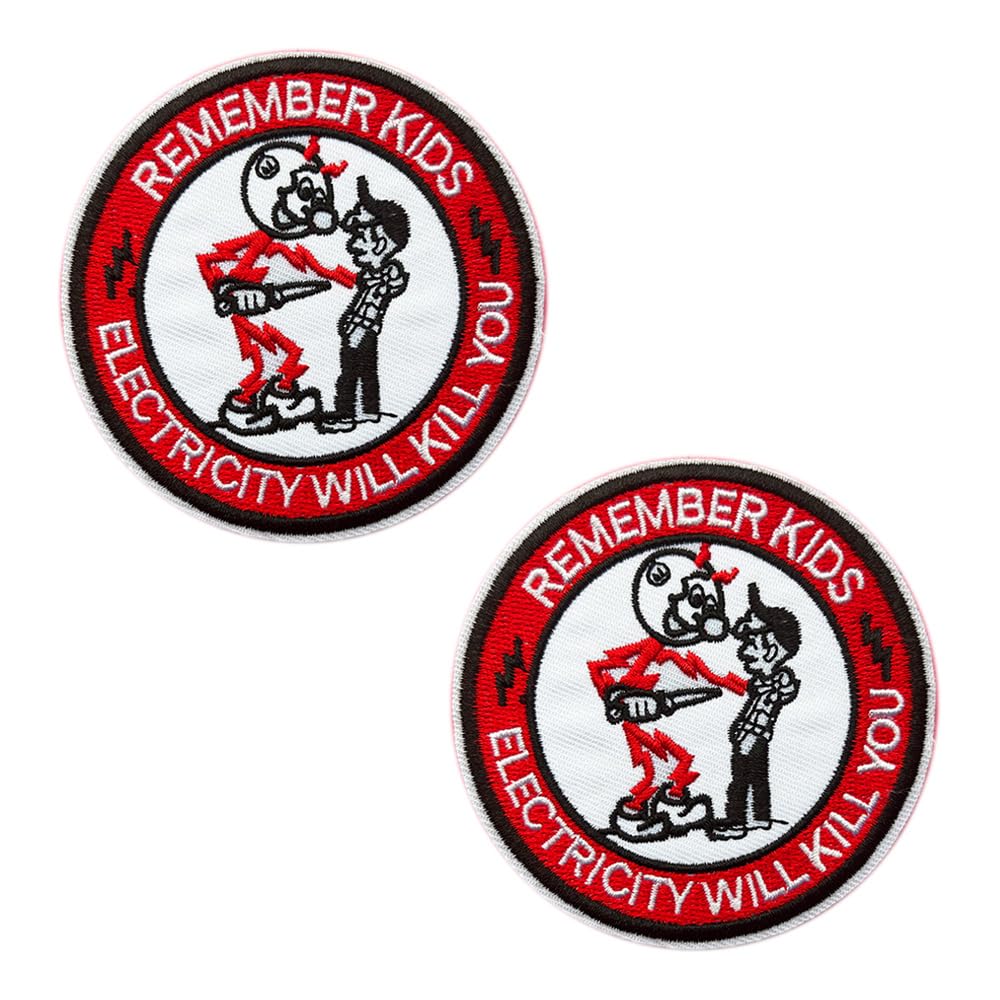 2 Pcs Remember Kids Electricity Will Kill You Embroidered Funny Patch with Hook and Loop Backing, Fun Safety Morale Patch for Backpacks,Clothes,Vest,Cap,Unifrom,Biker Bag — image 1