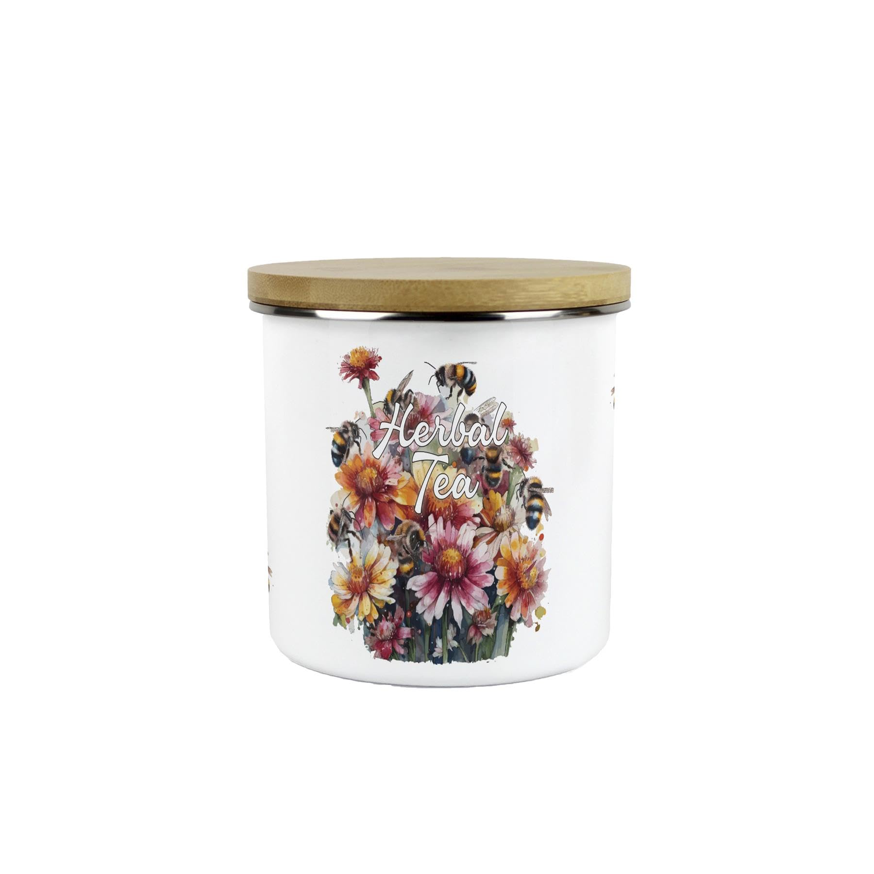 Flowers & Bees Herbal Tea Storage Canister - 600ml Enamel Kitchen Container Gift
