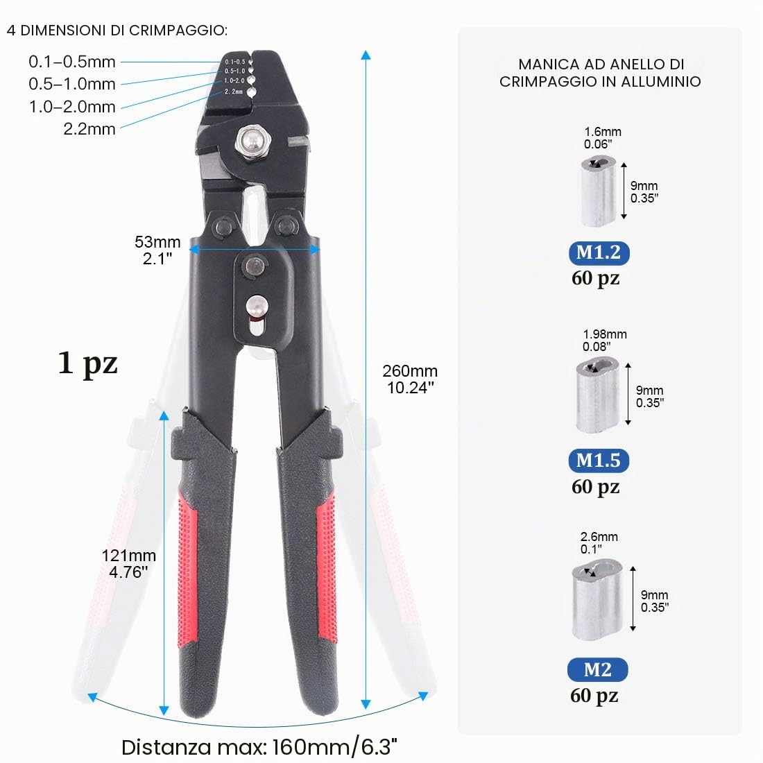 Glarks Fino a 2,2 mm Corda metallica Strumento di crimpatura Corda metallica Swager Crimper Pesca Strumento di crimpatura Con 180Pcs Alluminio Doppio Barrel Ghiera Crimpatura Loop Sleeve Kit