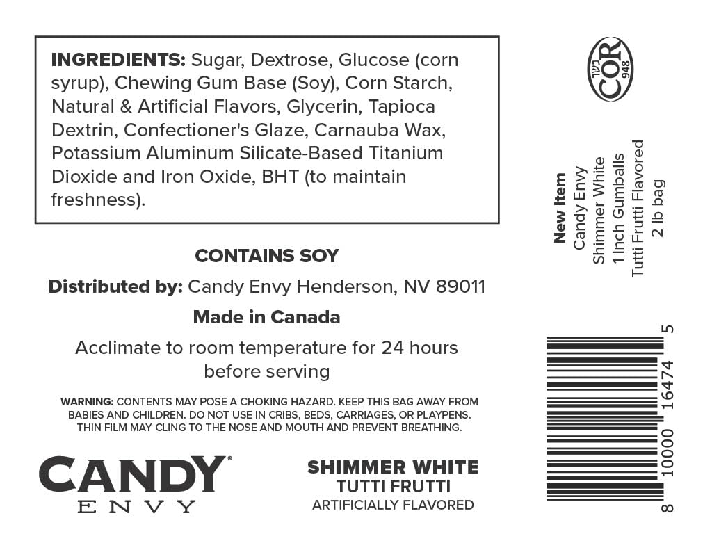 Candy Envy - Shimmer White 1 Inch Gumballs - 2lb Bag - 6 Bags with Approximately 113 Gumballs Per Bag - North American Made & Kosher Certified