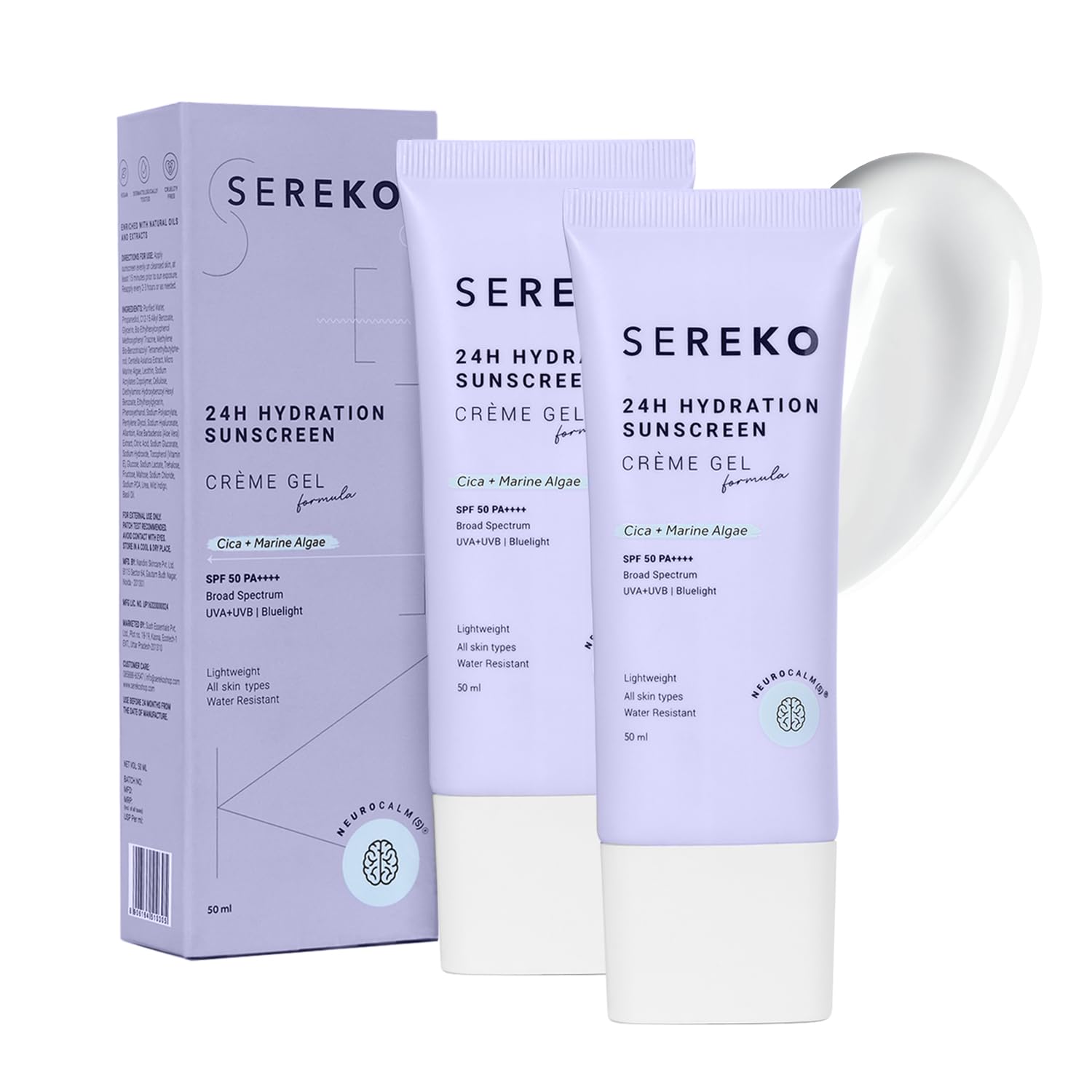 SEREKO Sunscreen SPF 50 PA++++ Crème Gel | Zero White Cast, Blue Light + UVA/UVB Protection | Quick Absorbing, Non-Greasy, 24H Hydration | For Men & Women | All Skin Types – 100 ml (Pack of 2)