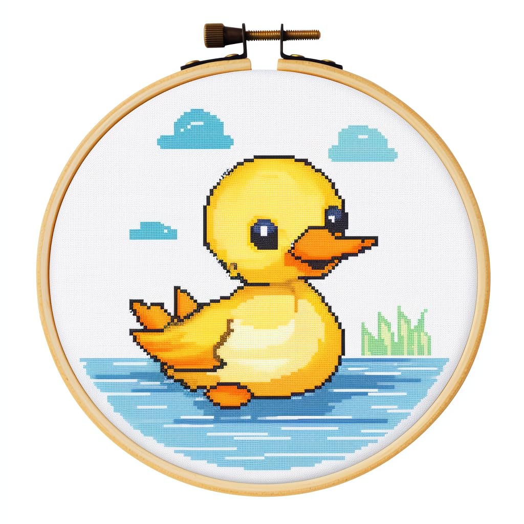 Generic Cartoon Simple Duck DIY 11CT Stamped Cross Stitch Kits Easy for Beginners Children with Hoop Needlepoint Counted Embroidery Kits Art Craft Wall Decoration 12x12inch(2)