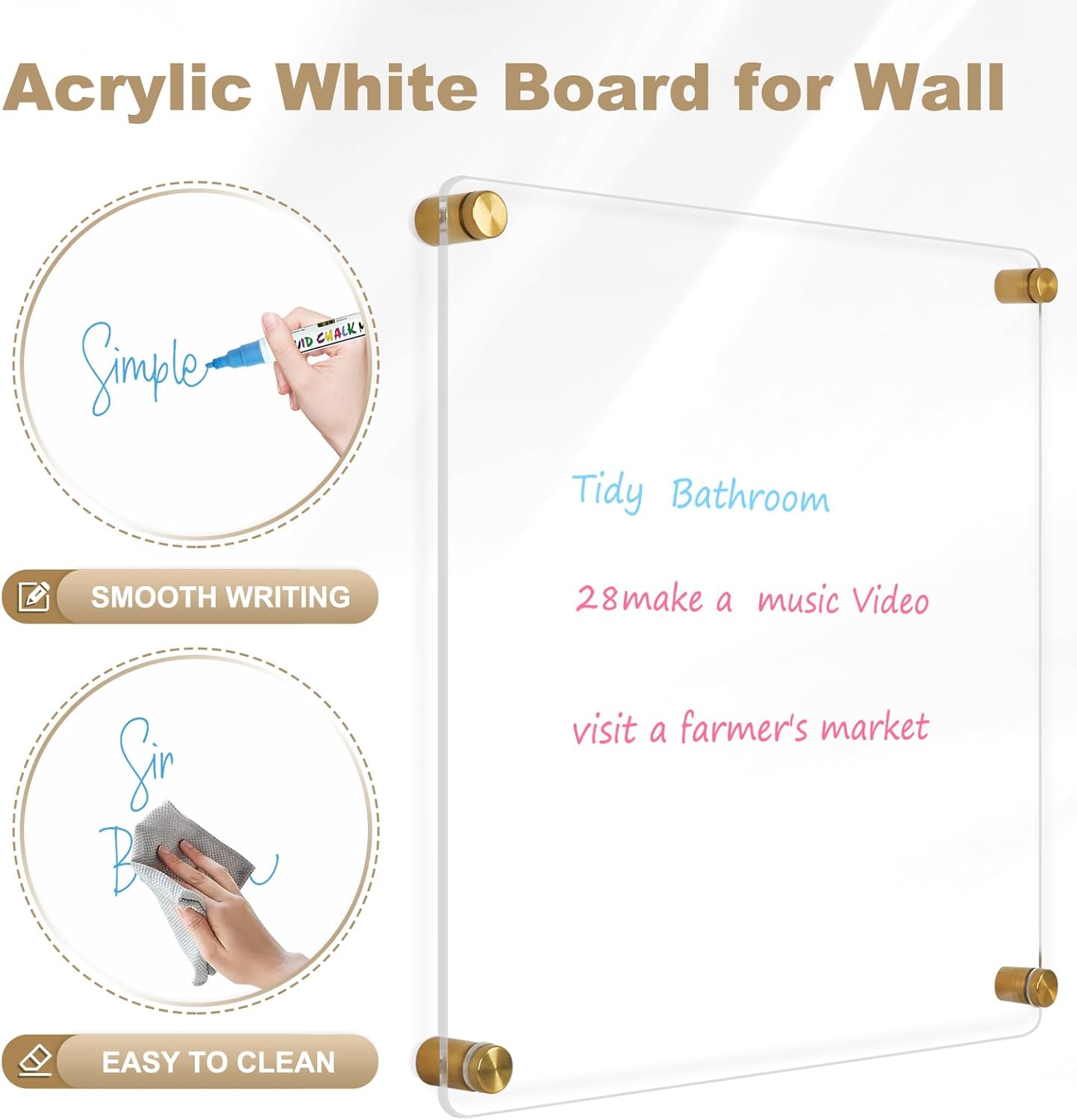 AMUSIGHT Clear Acrylic Dry Erase Board, 12" X 14" Golden Non-Magnetic Frameless Acrylic White Board for Wall, Clear Erasable Menu Board for Wall, Home, Office, School, 2 Markers Gold - Clear 12''W x 14''H