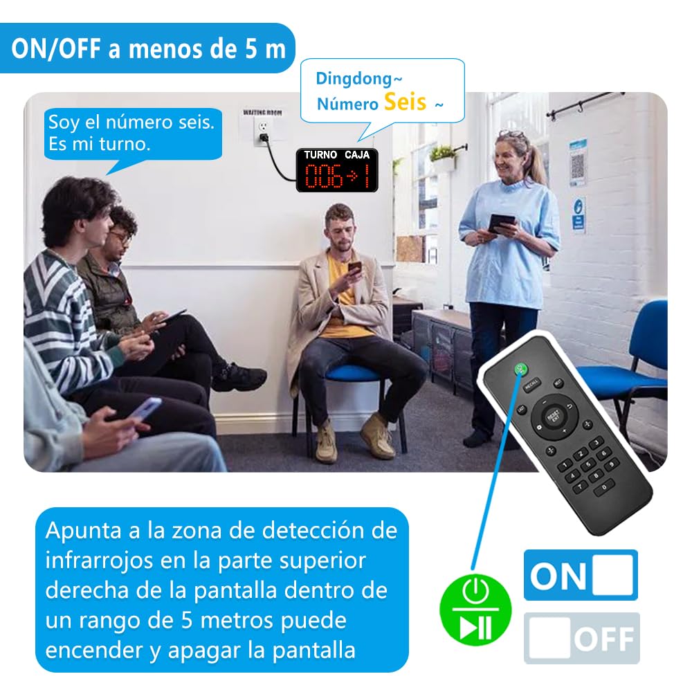 Pantalla de Su Turno(Llamada en Español) | 3 Dígitos, para Mostradores Múltiples, Botón de Llamada Gestión de Turno, Numero Turno | 1 Pantalla Su Turno+ 3 Botón de Llamada+1 Mando