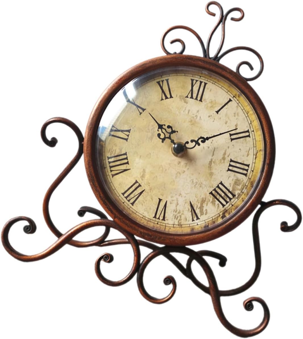 BESPORTBLE Vintage European Style Iron Art Mantel Clock Non-Ticking Mute Table Clock Ornament for Living Room Fireplace Shelf Decor Brown Retro Without Battery