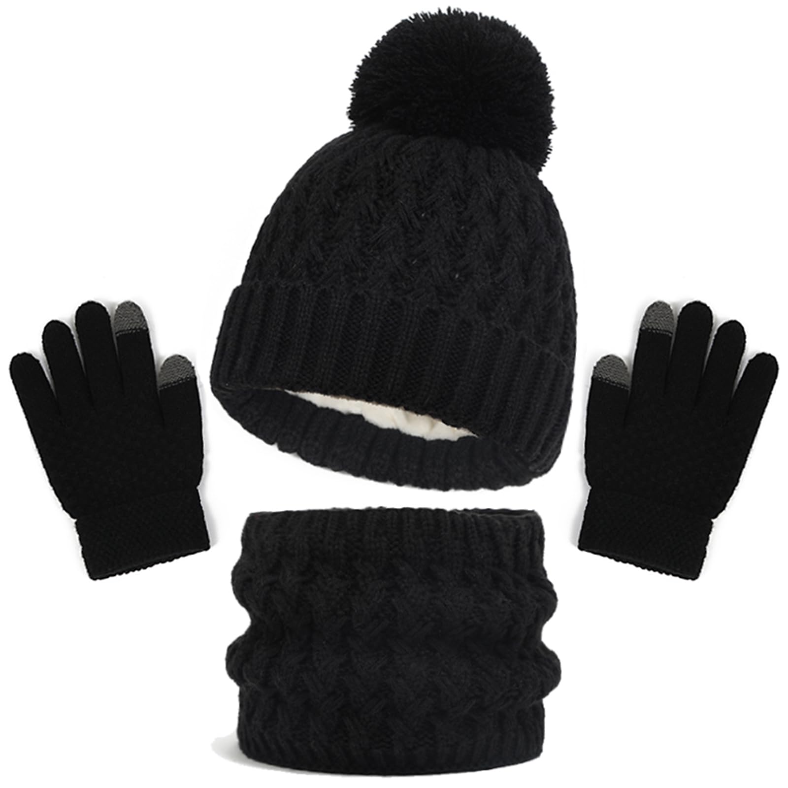 Ensemble Hiver Femme Bonnet + Écharpe + Gants Tactiles 3 En 1 - Tricot Doux, Doublure Polaire - Pour Ski, Randonnée, Quotidien