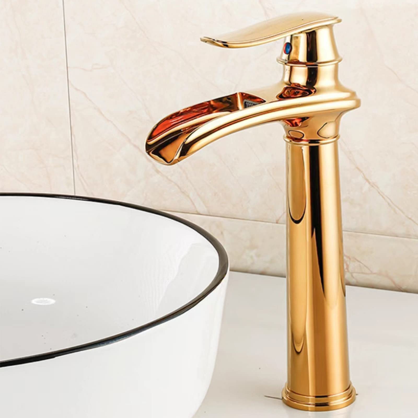 Wasserfall-Badezimmerarmatur, Messing-Badezimmerarmatur, Warm- und Kaltwasser-Einhebelmischer Gold, hoch (Farbe: Größe Hoch)