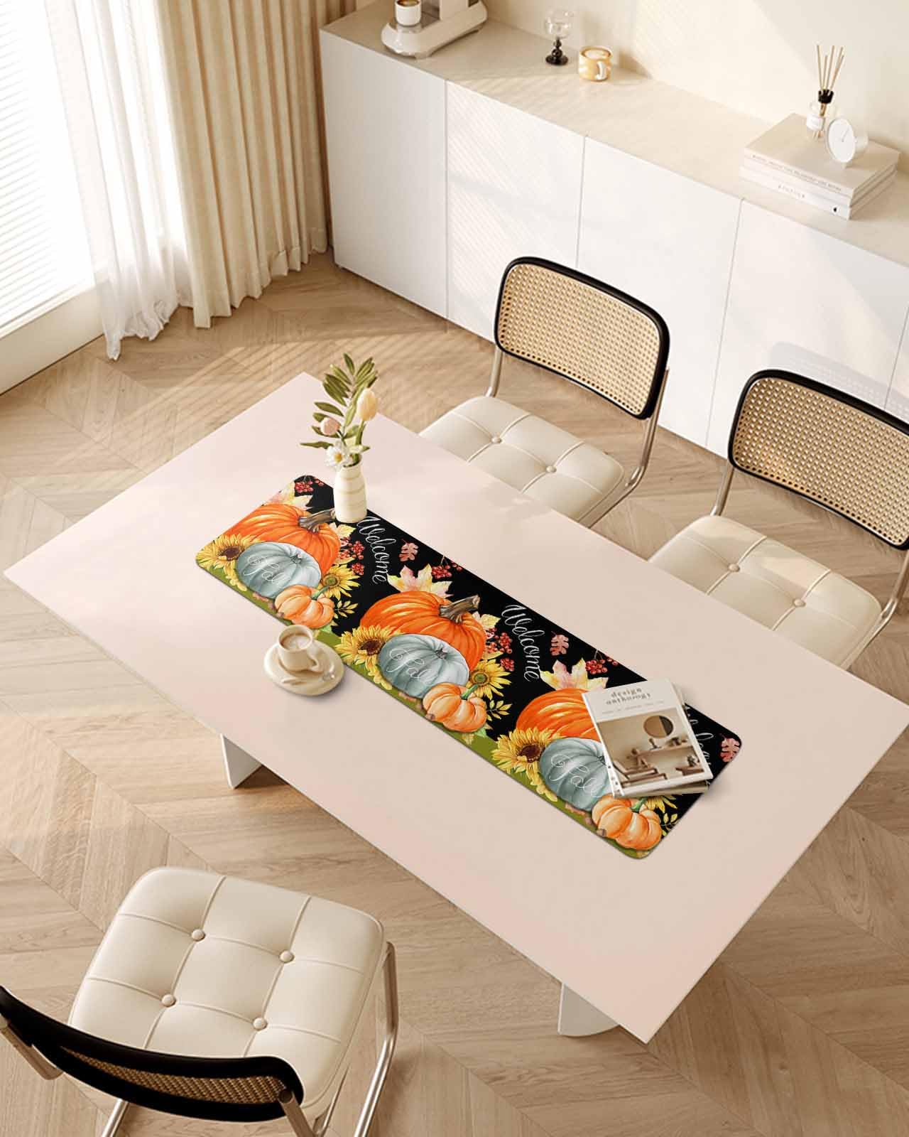 Debedcor Heat Proof Table Pads Waterproof Decorative, Hello Fall Non-Slip Table Countertop Protector, Autumn Pumpkin Sunflower Maple Black Insulation Mat for Dining Room, 48 x 12 Inches