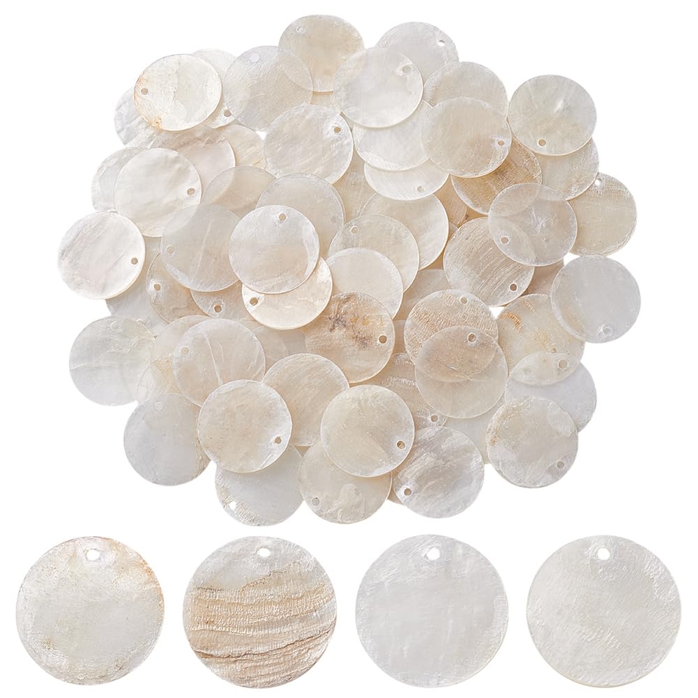 120 ciondoli piatti rotondi a conchiglia 20 – 20,5 mm bianchi Capiz, conchiglie di madreperla naturale, per orecchini, collane, gioielli, foro: 1,4 mm, Capiz Shell