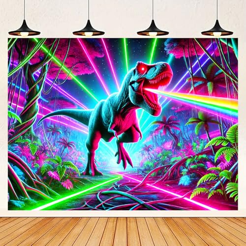 Image of BlissYard Blacklight Tapestry 78x59 Inch Laser Dinosaur Tapestry Trippy Jungle Neon Wall Art UV Reactive Glow in the Dark T Rex Poster for Bedroom Dorm Party Wall Hanging Decor