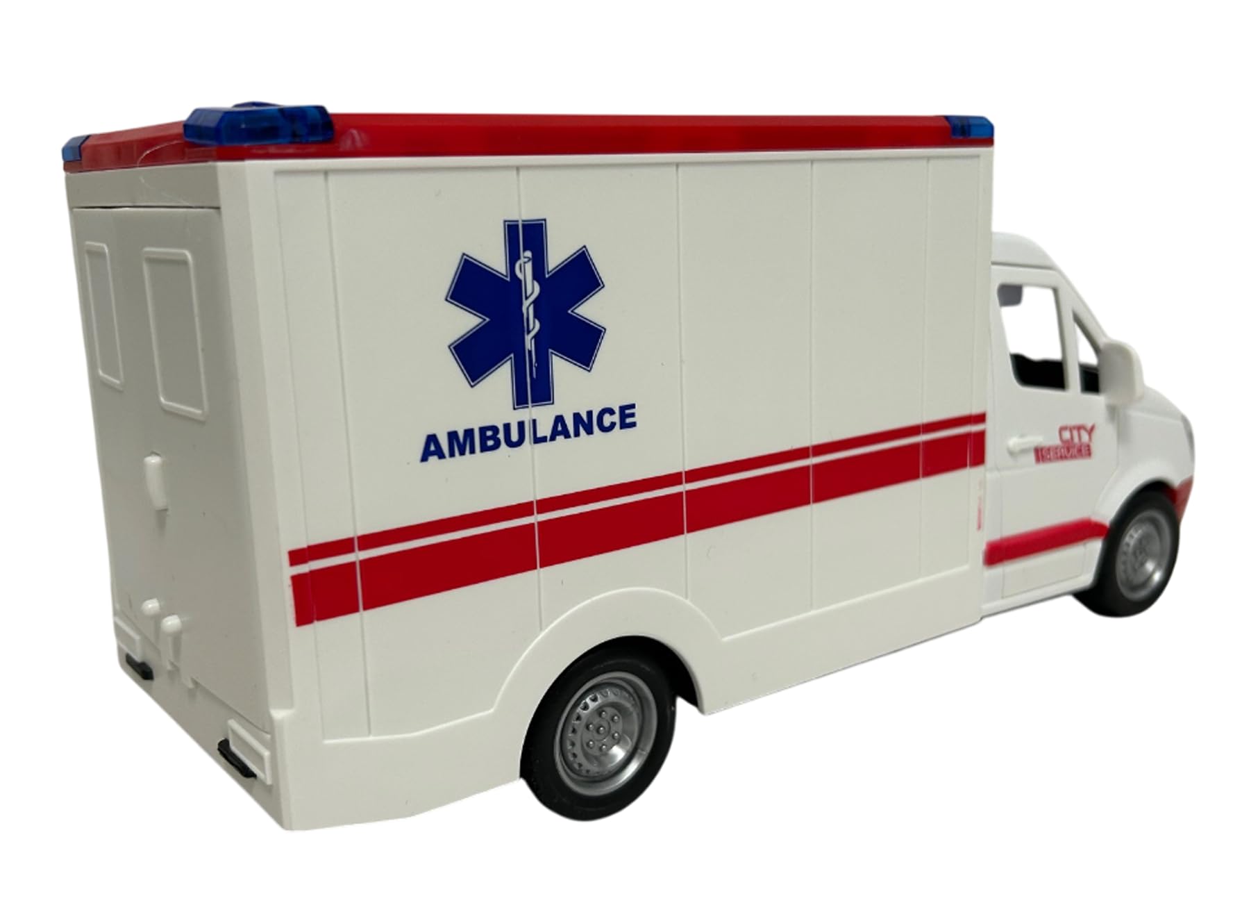 Ambulance Jouet avec Lumières Sons Sirènes Portes et Toit Ouvrables Mouvement Embrayage Grande Échelle 1:16 cm 26 Premiers Soins avec Lumière Sons Civière Amovible Enfants