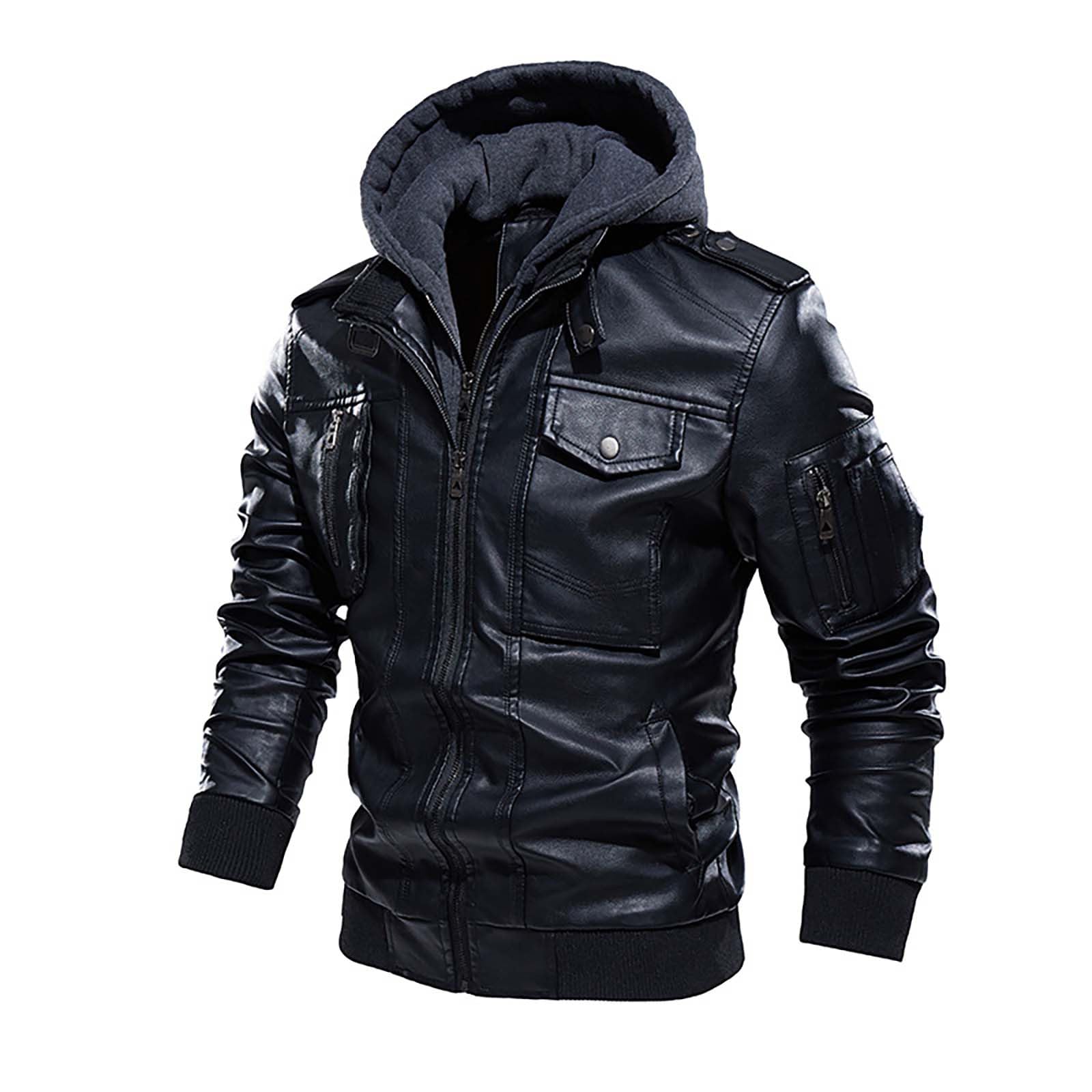 Lederjacke Herren mit Kapuze Leder Jacke Motorrad Jacke mit Brusttaschen Kapuzenjacke Slim Fit Outdoor Jacken Winterjacke Herbstjacke Mode Bikerjacke Freizeitjacke Herrenjacke