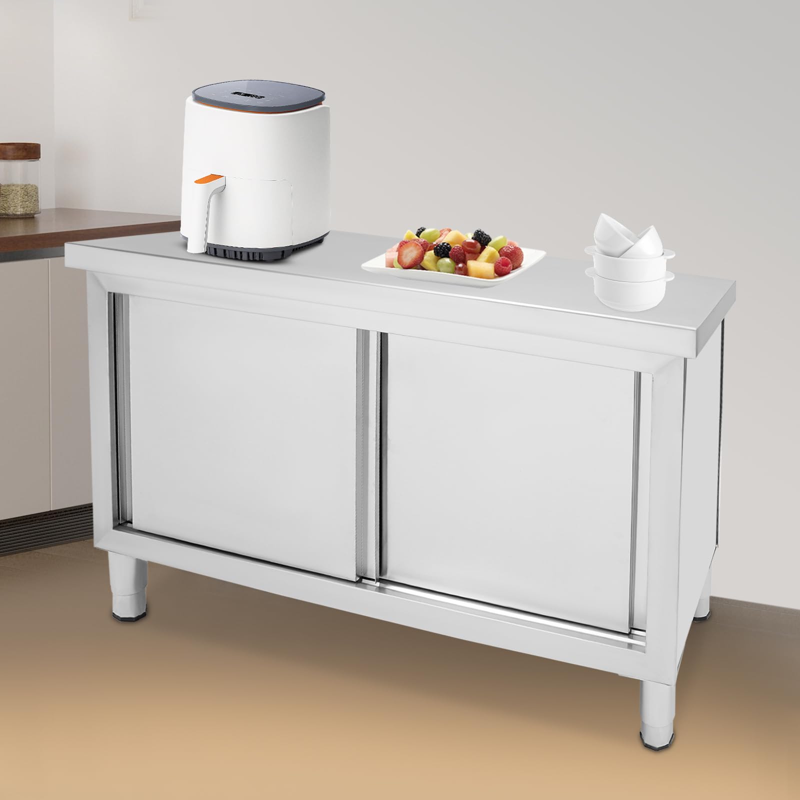 Mesa de trabajo de acero inoxidable, armario de 2 niveles de acero inoxidable con estante inferior y puertas correderas, mesa de cocina, banco de trabajo, encimera para cocinas, hoteles,