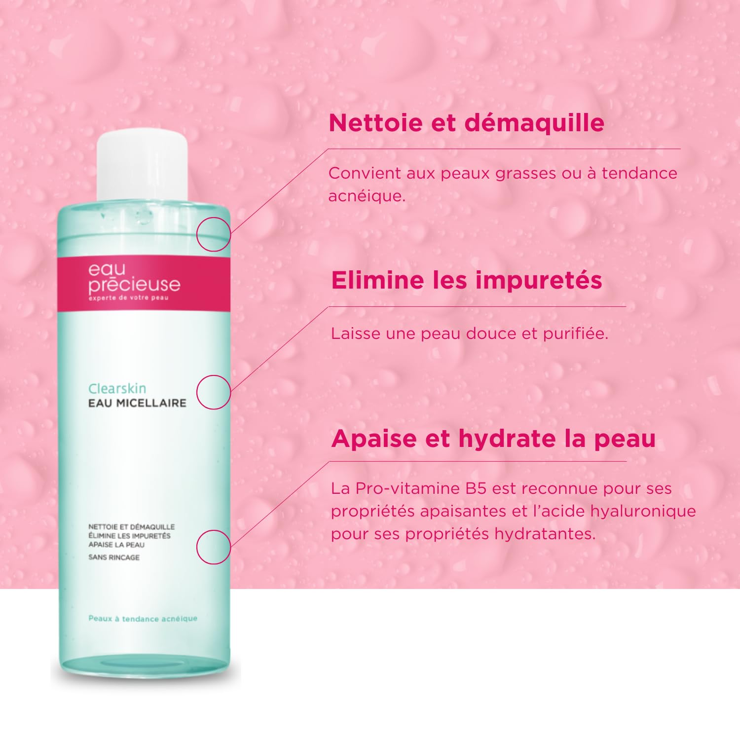 Eau Précieuse - Eau Micellaire Clearskin - Nettoie et démaquille - Elimine les impuretés - Apaise et hydrate - Peaux à tendance acnéique – 400 ml