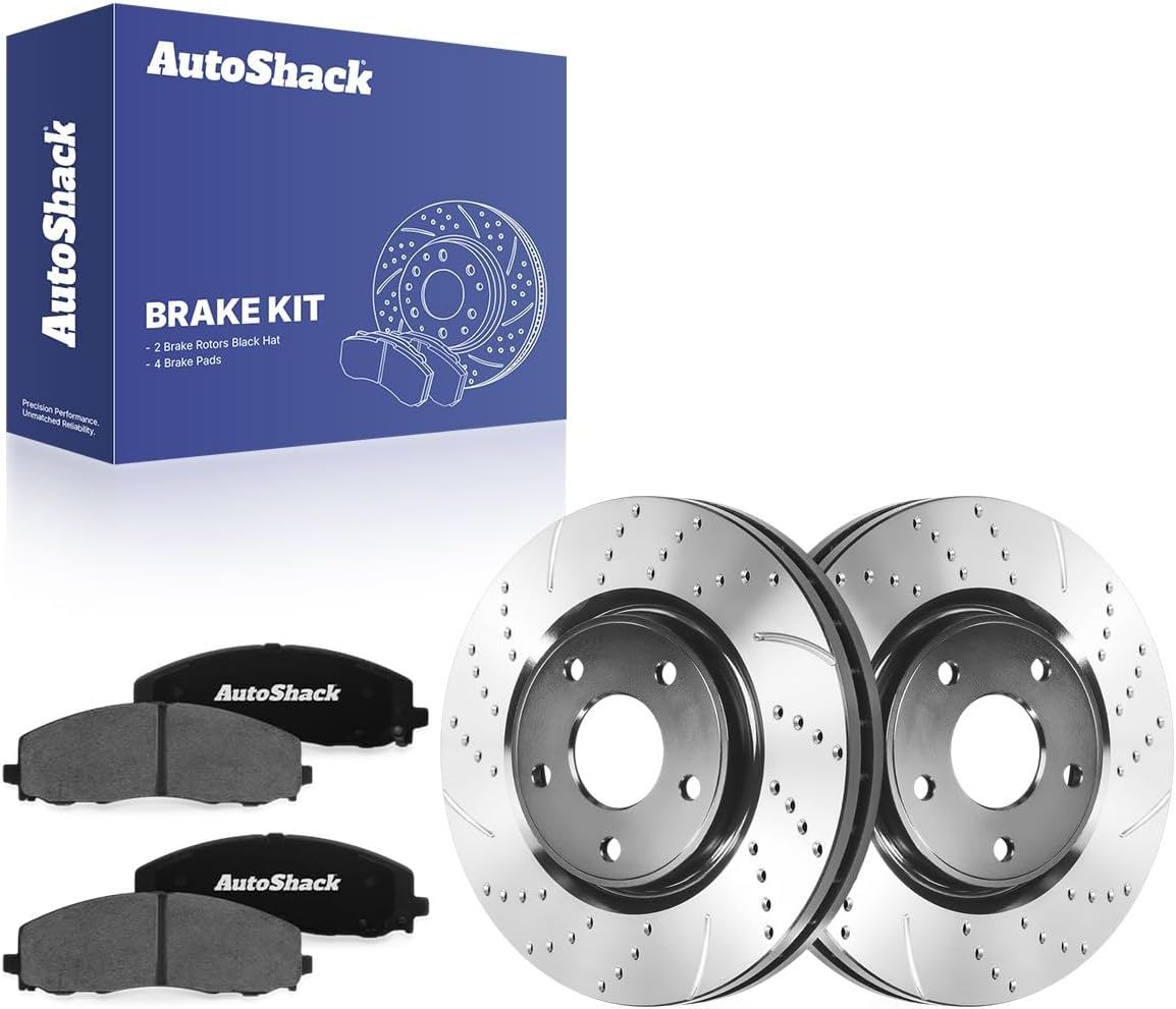 AutoShack Front Vented Drilled & Slotted E-Coated Brake Rotors + Ceramic Pads 6-PC Brake Kit Replacement for 2012-2020 Dodge Grand Caravan 2012-2020 Dodge Journey ShadowGuard 12.99" (330 mm)
